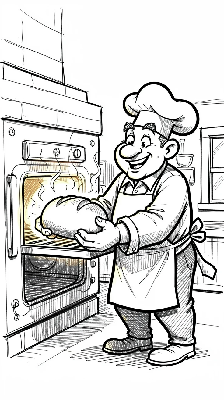 A baker pulling a fresh loaf of bread from the oven in a warm neighborhood bakery.