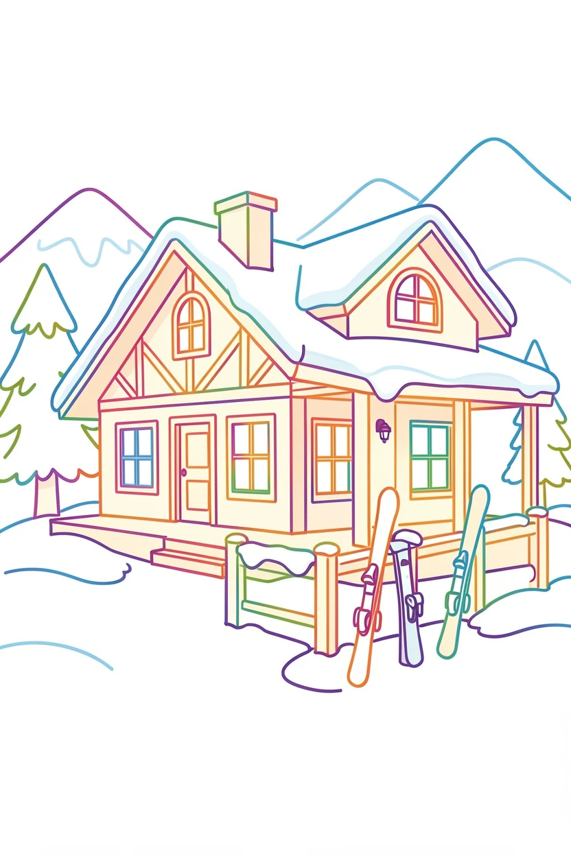 A winter mountain lodge with skis propped against a snowy porch railing.