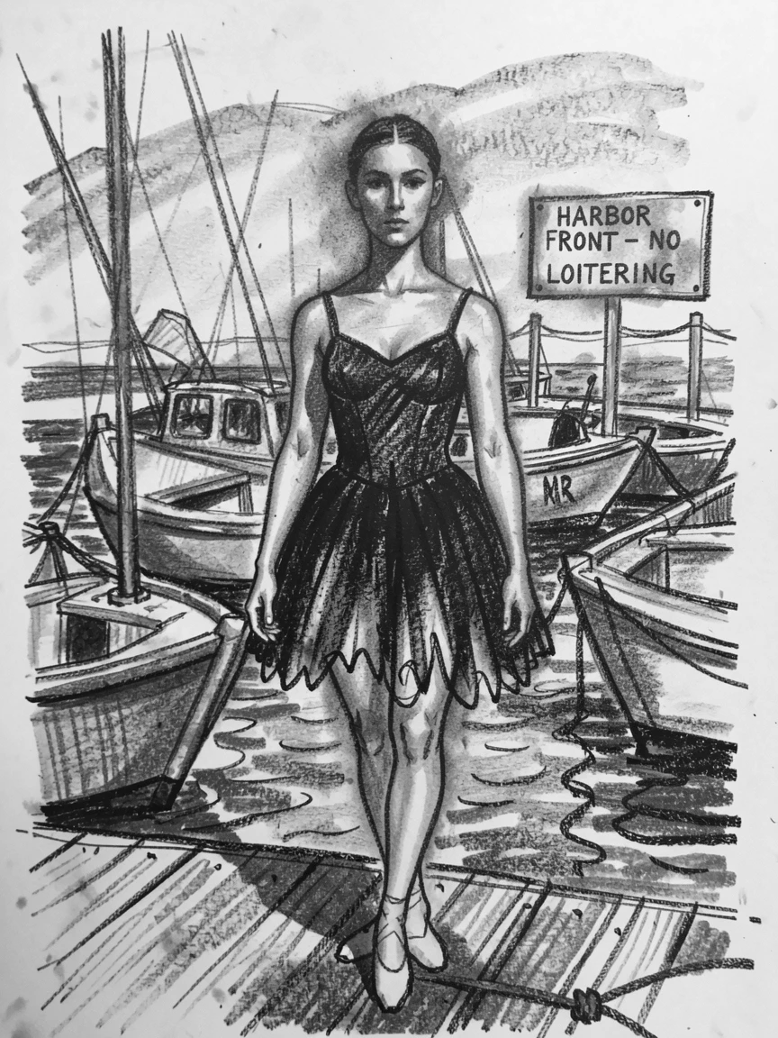 A ballet dancer looking directly at the viewer with quiet determination, at the edge of a bustling harbor.