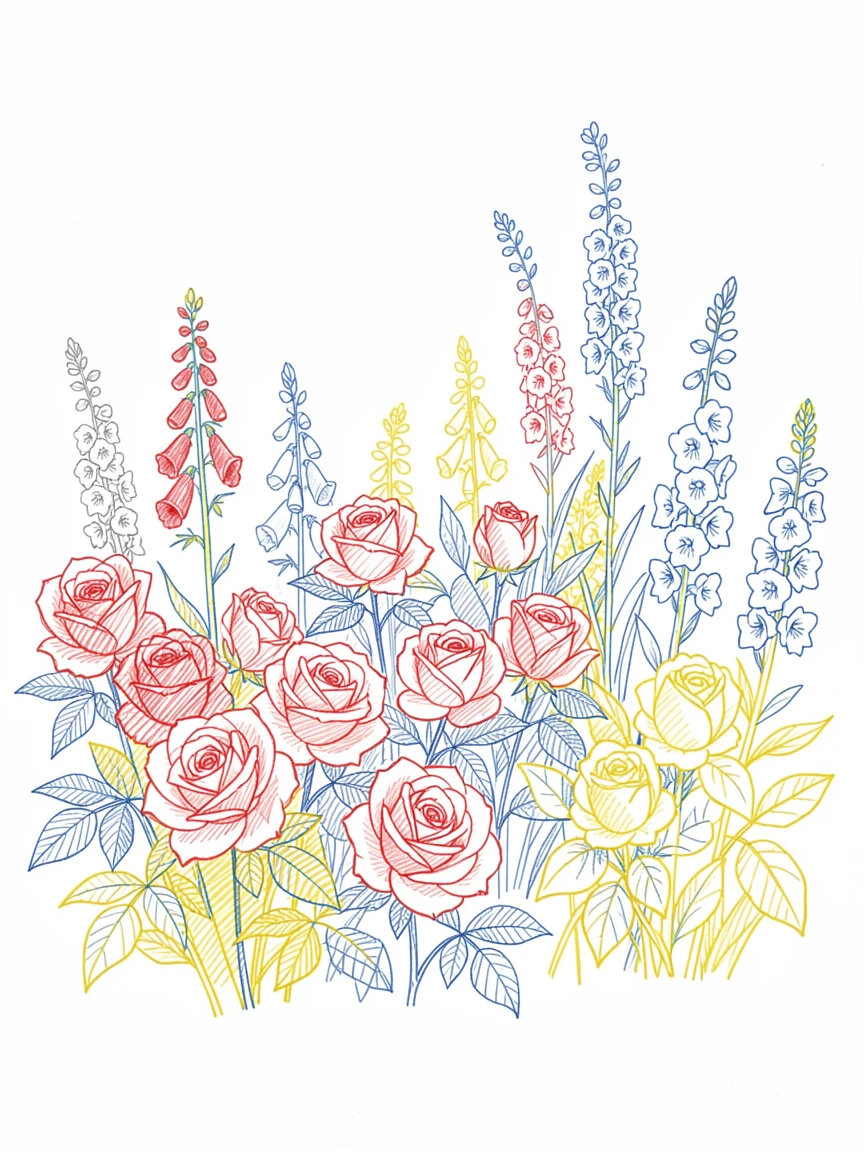 A cottage garden overflowing with roses, foxglove, and delphiniums