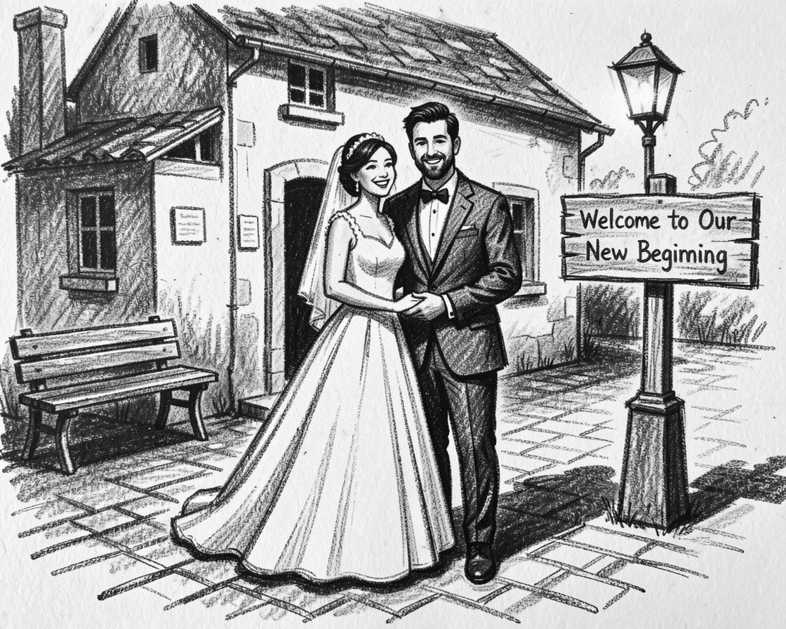 A newlywed couple standing proudly in front of their home, in a small village square.