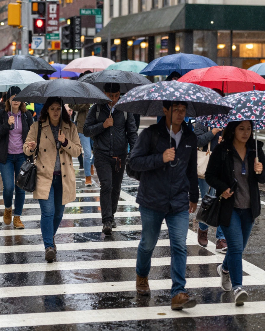 Commuters rush across a rain-slicked crosswalk beneath a forest of open umbrellas.