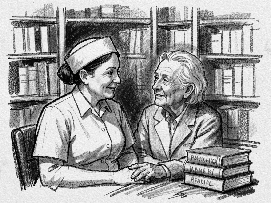 A nurse sharing a quiet moment of connection with an old friend, in a quiet library.