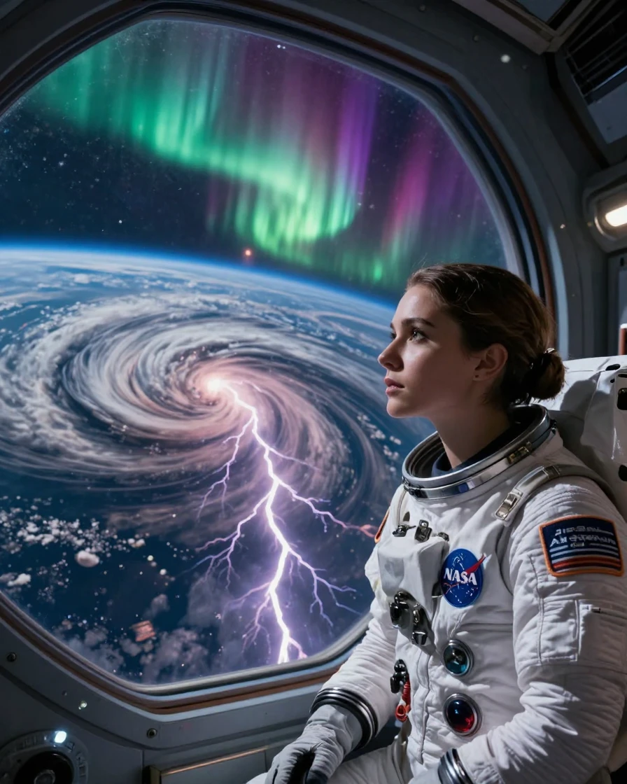 A young astronomer monitoring a swirling storm from orbit beneath a sky ablaze with the northern lights