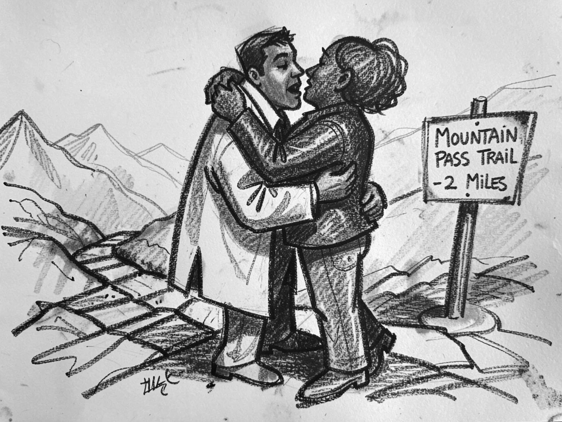 A jazz singer embracing a loved one after a long separation, on a mountain trail.