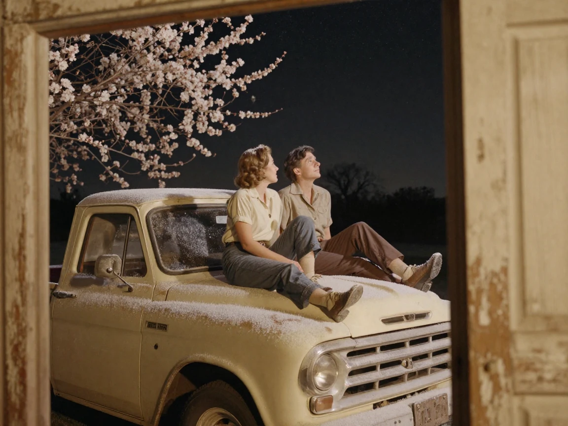 A couple watching the stars from the hood of an old pickup truck, in low lamplight, with frost coating every surface, as spring blossoms unfurl, in warm honey and cream tones, framed through an open doorway.