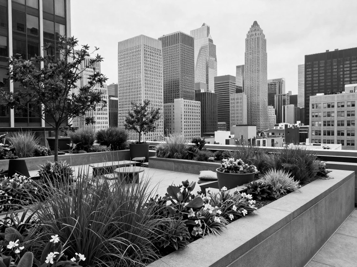 A rooftop garden overlooks a sprawling city skyline atop a modern downtown tower.