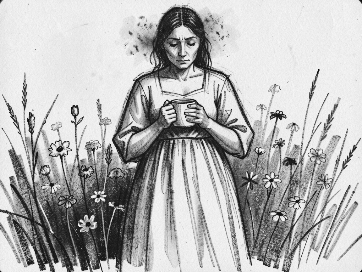 A mother holding a cup of tea with both hands, lost in memory, in a flower-filled meadow.
