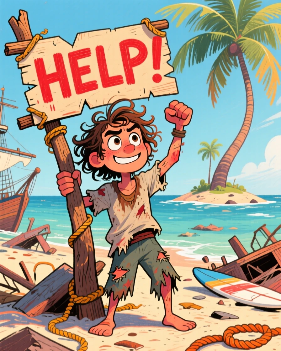 A brave shipwreck survivor signaling for help from a deserted tropical island.