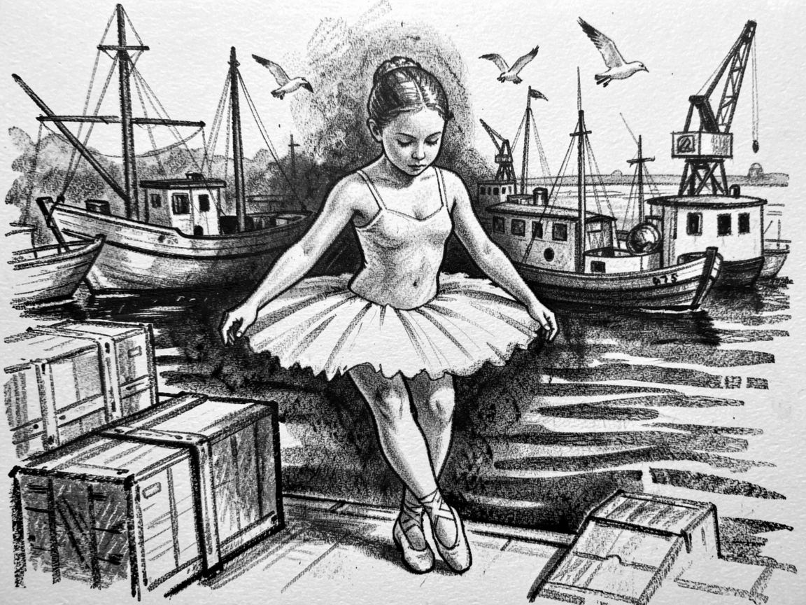 A young ballerina working intently with focused concentration, at the edge of a bustling harbor.