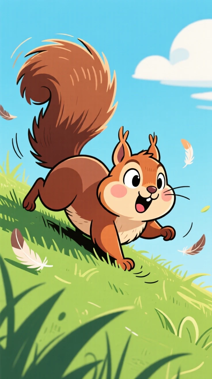 A charming animal moment featuring a chubby squirrel tumbling playfully down a grassy hill, with feathers or fur puffed out dramatically.