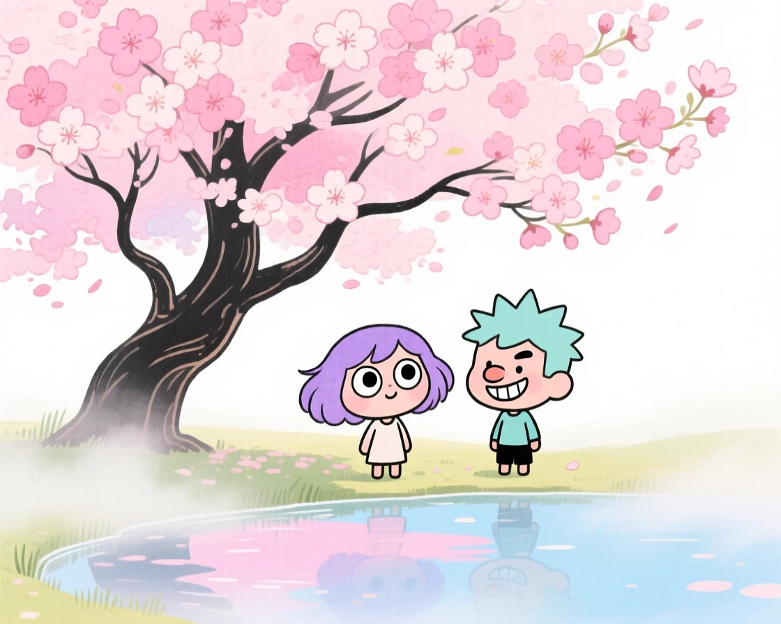 A serene landscape of a cherry blossom tree in full bloom beside a quiet pond wrapped in gentle mist