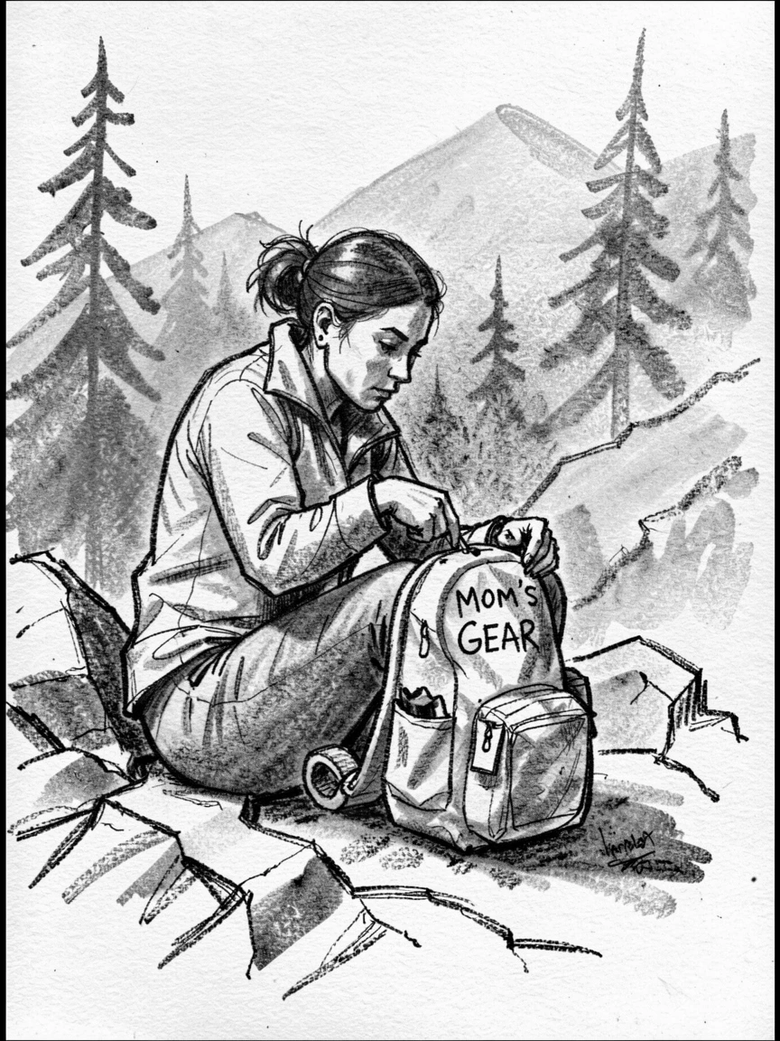 A mother working intently with focused concentration, on a mountain trail.