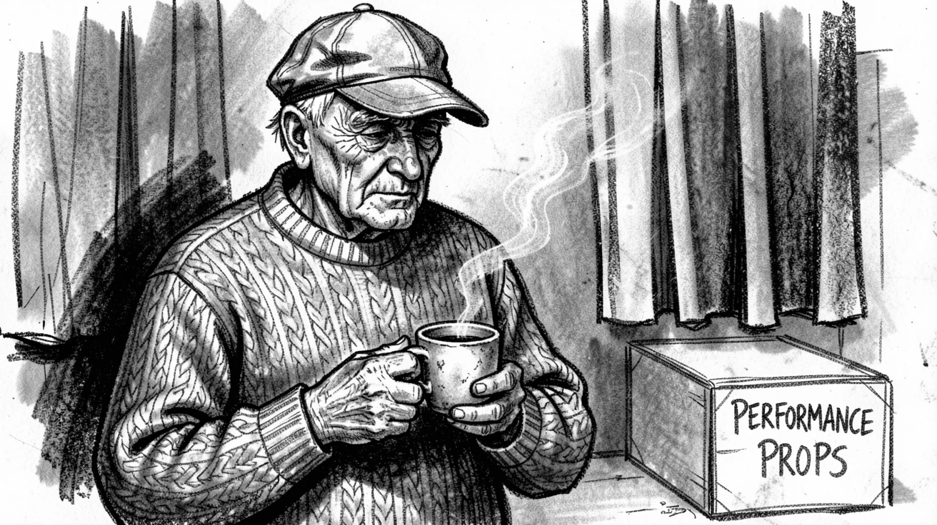 An elderly fisherman holding a cup of tea with both hands, lost in memory, backstage before a performance.