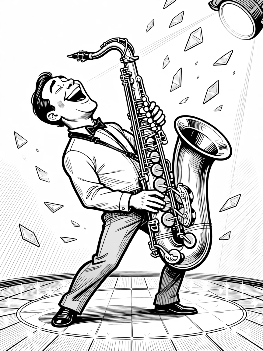 A jazz saxophonist leaning back in an emotional solo, wobbling slightly under the enormous brass instrument, set on a glittering tap-dance stage. Shards of glass catch the stage lights as they fall. There's an infectious, larger-than-life energy to the moment.
