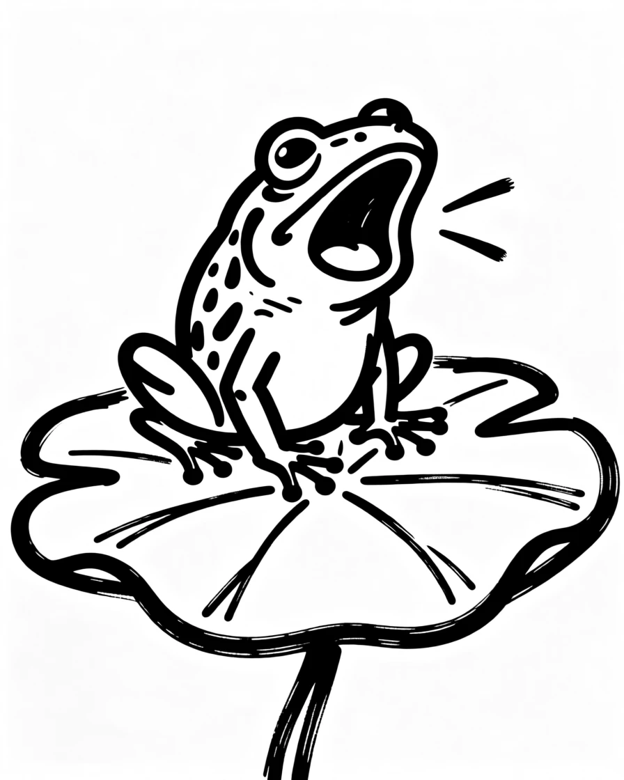 A tiny frog perched on a giant lily pad, throat puffed mid-croak.