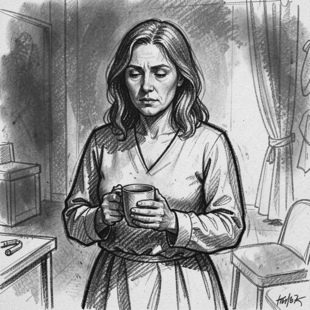 A mother holding a cup of tea with both hands, lost in memory, backstage before a performance.