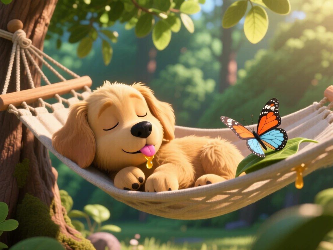 A fluffy golden retriever puppy is snoozing in a hammock strung between two trees, licking a drop of honey off its nose. A gentle, sleepy calm fills the moment, with a small butterfly resting nearby.