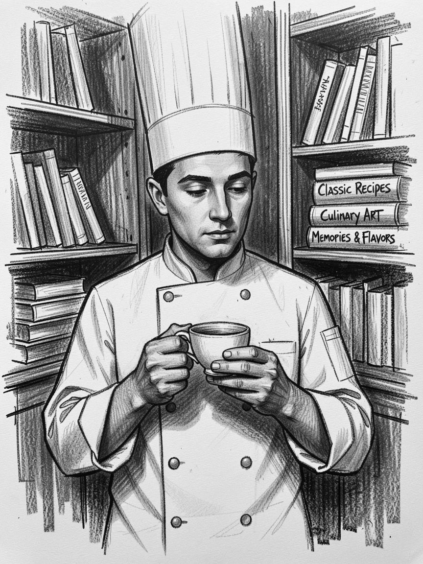 A chef holding a cup of tea with both hands, lost in memory, in a quiet library.