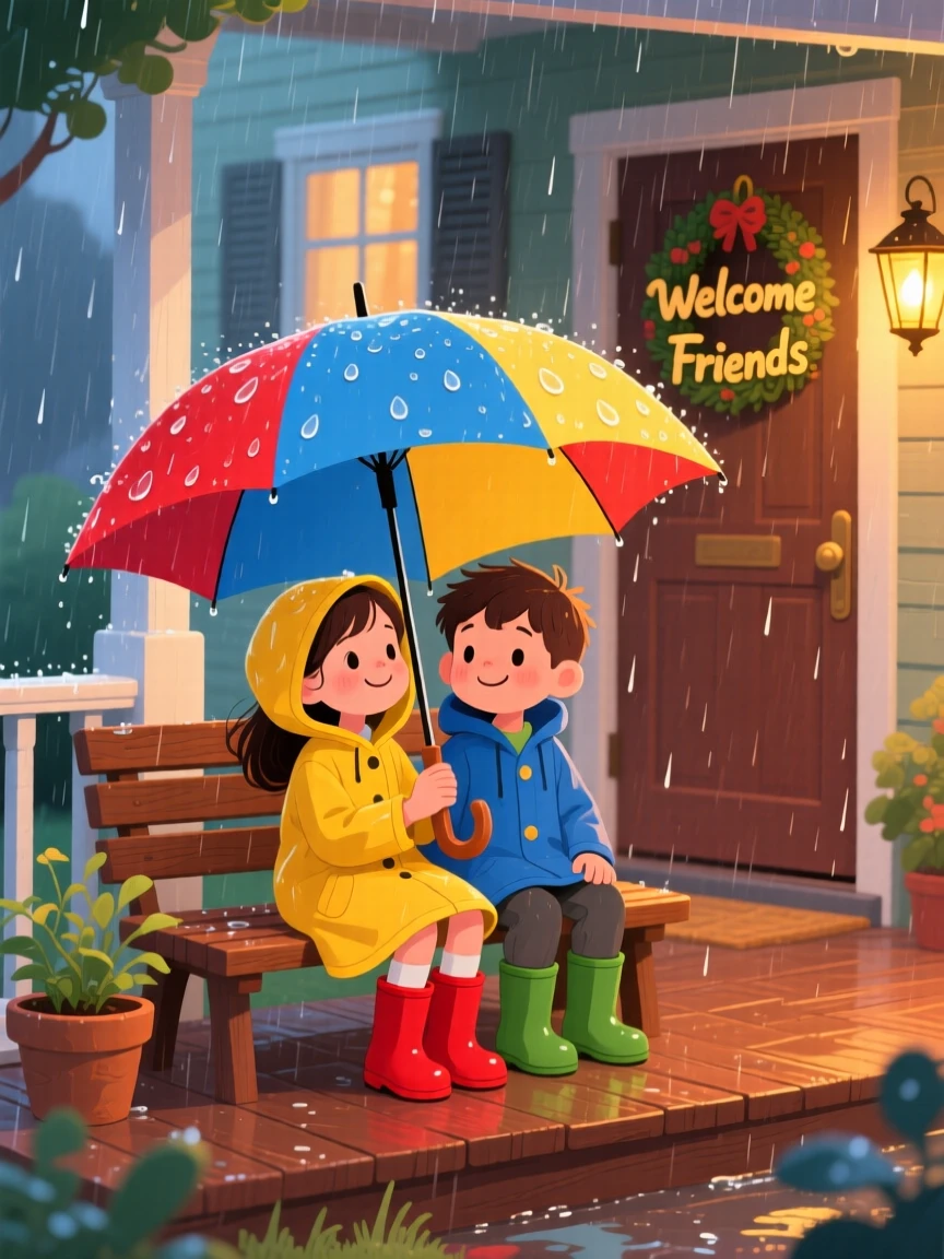 Two best friends share a tender moment sharing an umbrella during a sudden rainstorm in a cozy front porch, with quiet gratitude in their eyes.