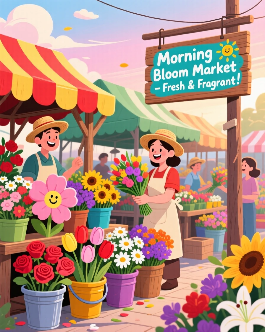 A flower market overflowing with buckets of fresh blooms at dawn.