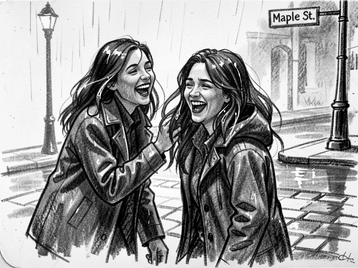 Twin sisters caught mid-laugh at a shared joke, on a rainy street corner.
