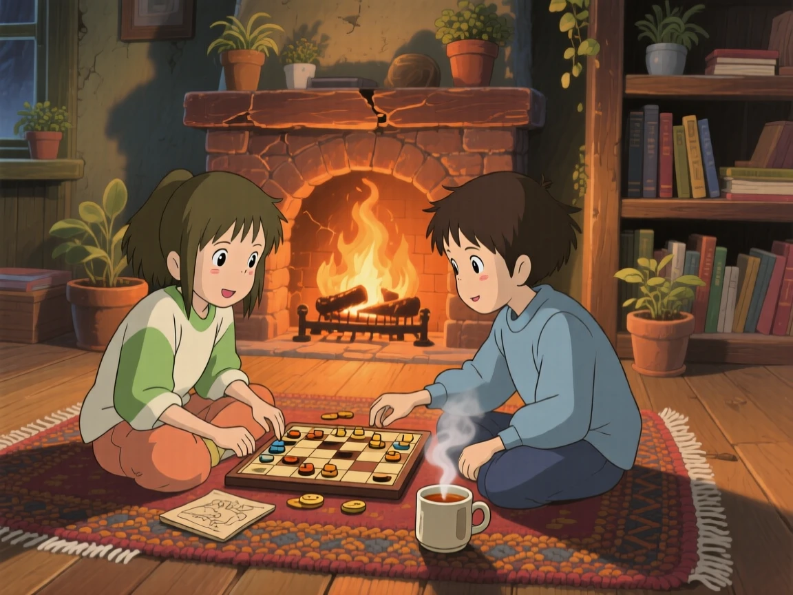 Two friends playing a board game on a rug by the fireplace, steam rising gently from a mug of tea, the whole scene feeling peaceful and unhurried.