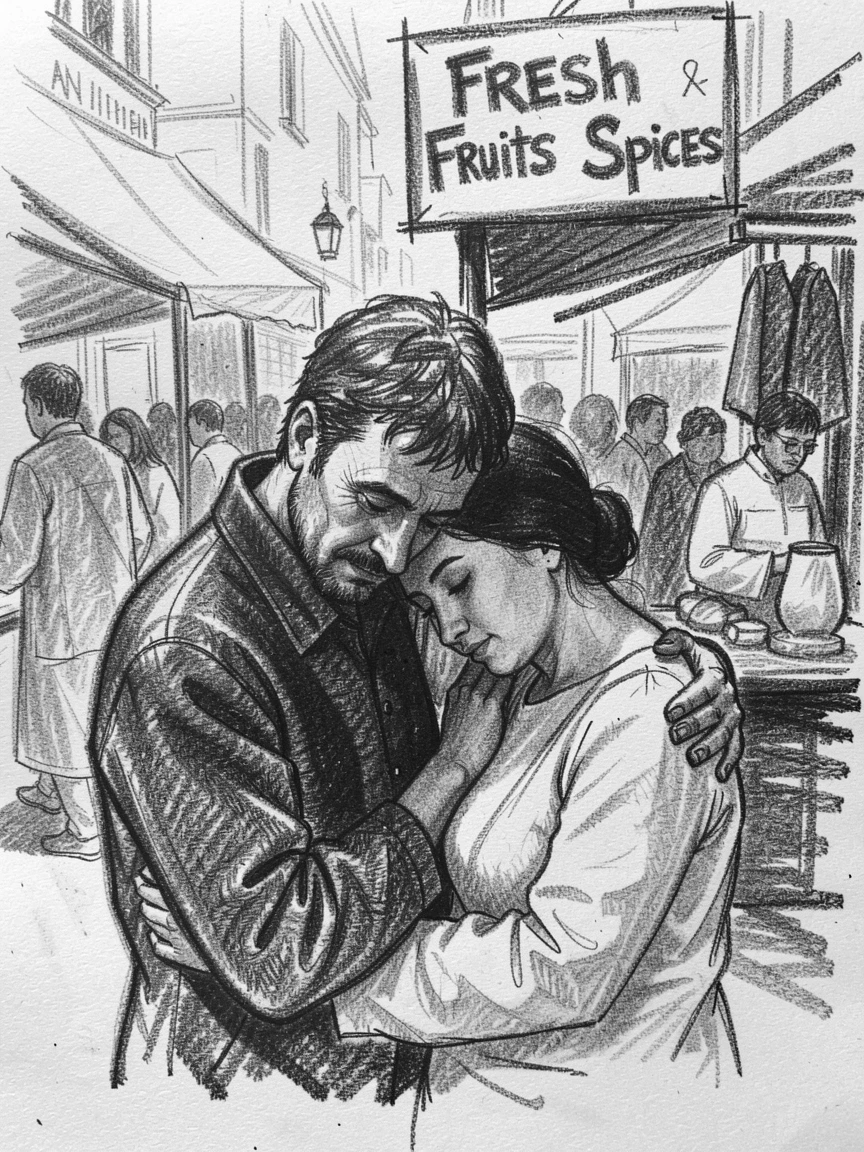 A father resting their head on a partner's shoulder, in a bustling market square.