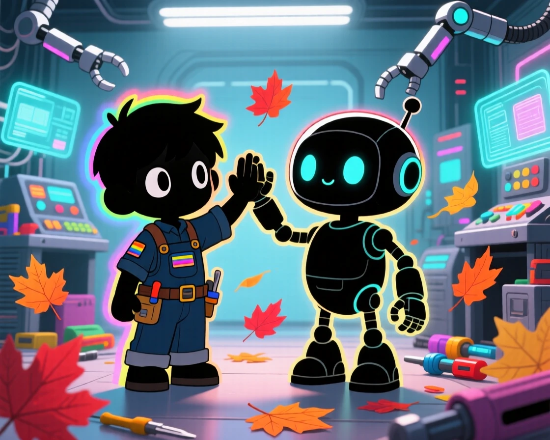 In a bright futuristic workshop, a child engineer is high-fiving a friendly helper robot with autumn leaves swirling around, bathed in bright rainbow-tinted light, expression full of brave confidence. Shot as a silhouette composition.