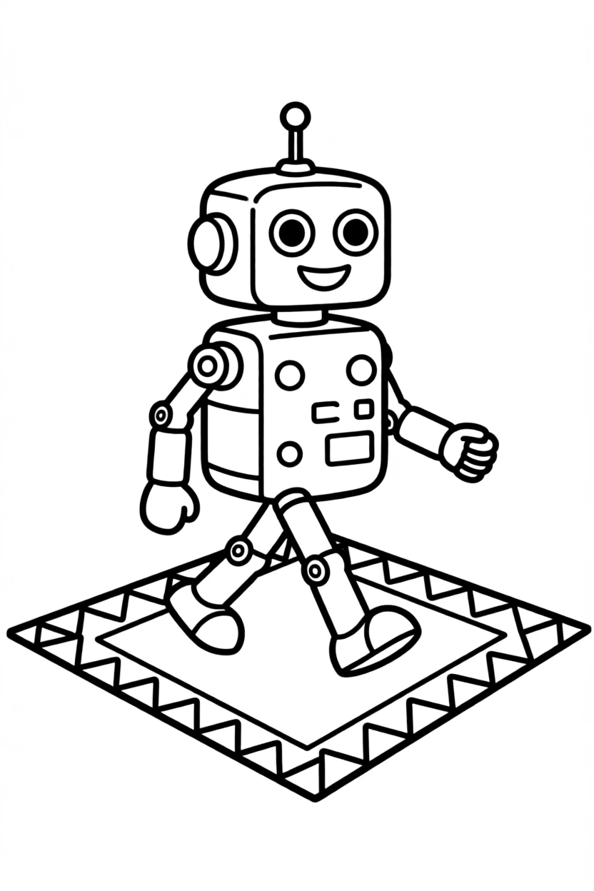 A toy robot with blinking lights walking across a rug