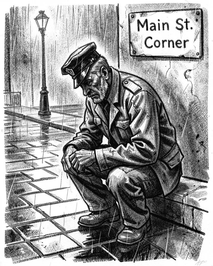 A war veteran working intently with focused concentration, on a rainy street corner.