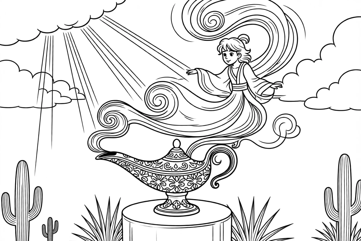 A genie emerging from an ornate lamp in swirling smoke, with beams of moonlight cutting through the clouds.