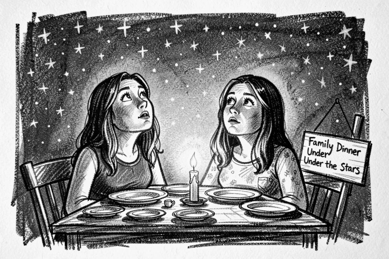 Twin sisters looking up at the stars with wonder, at a family dinner table.