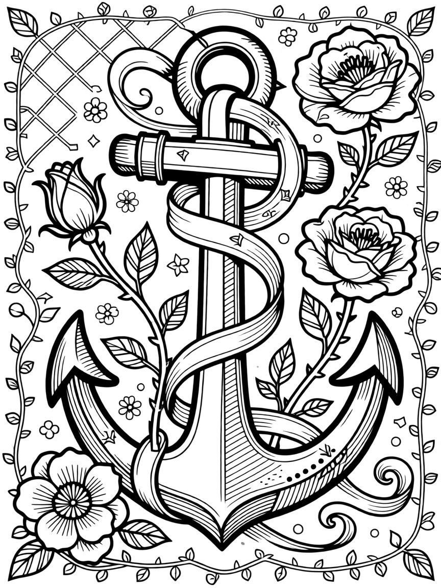 An anchor entwined with blooming roses and trailing ribbon.