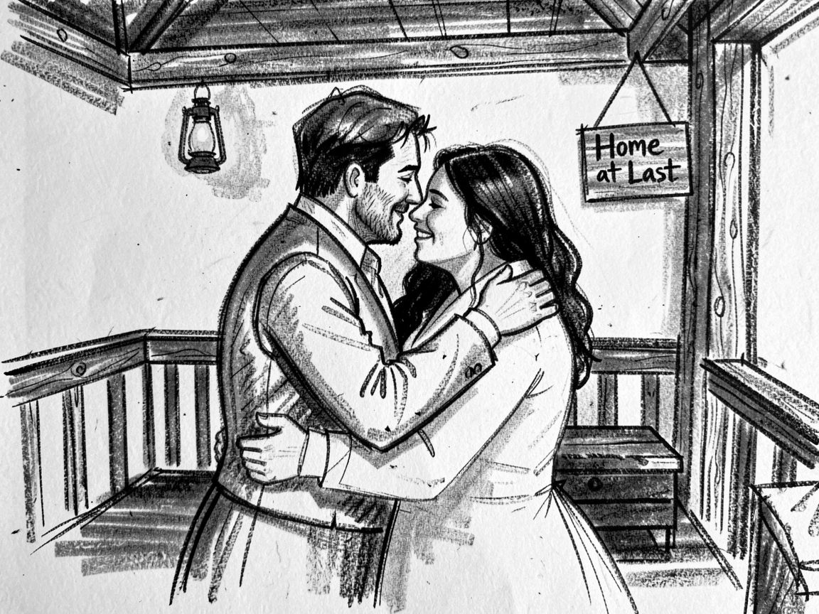 A newlywed couple embracing a loved one after a long separation, on a rustic farmhouse porch.