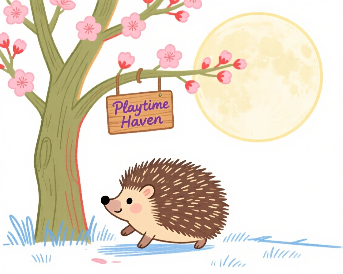 A small hedgehog playing under a blossoming tree under a full moon.