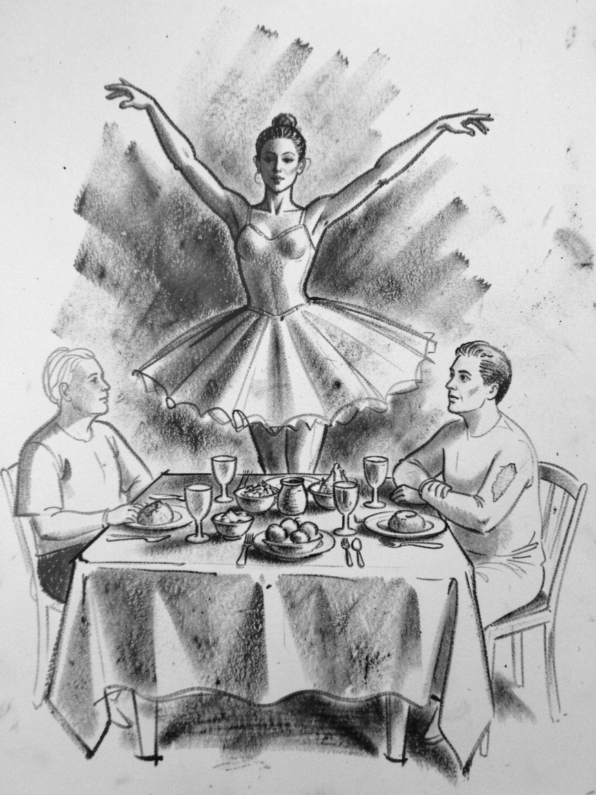 A ballet dancer dancing freely with arms outstretched, at a family dinner table.