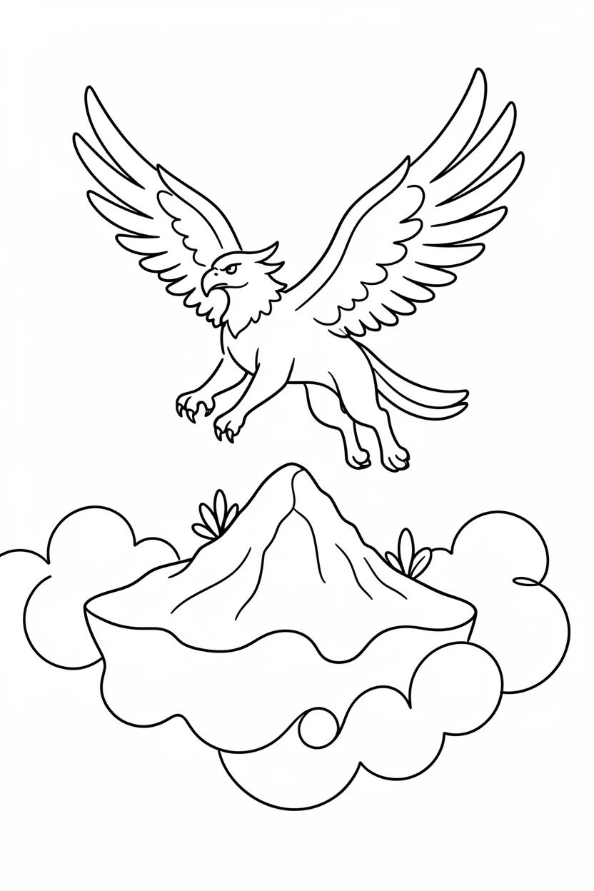A griffin soaring above a floating island in the clouds
