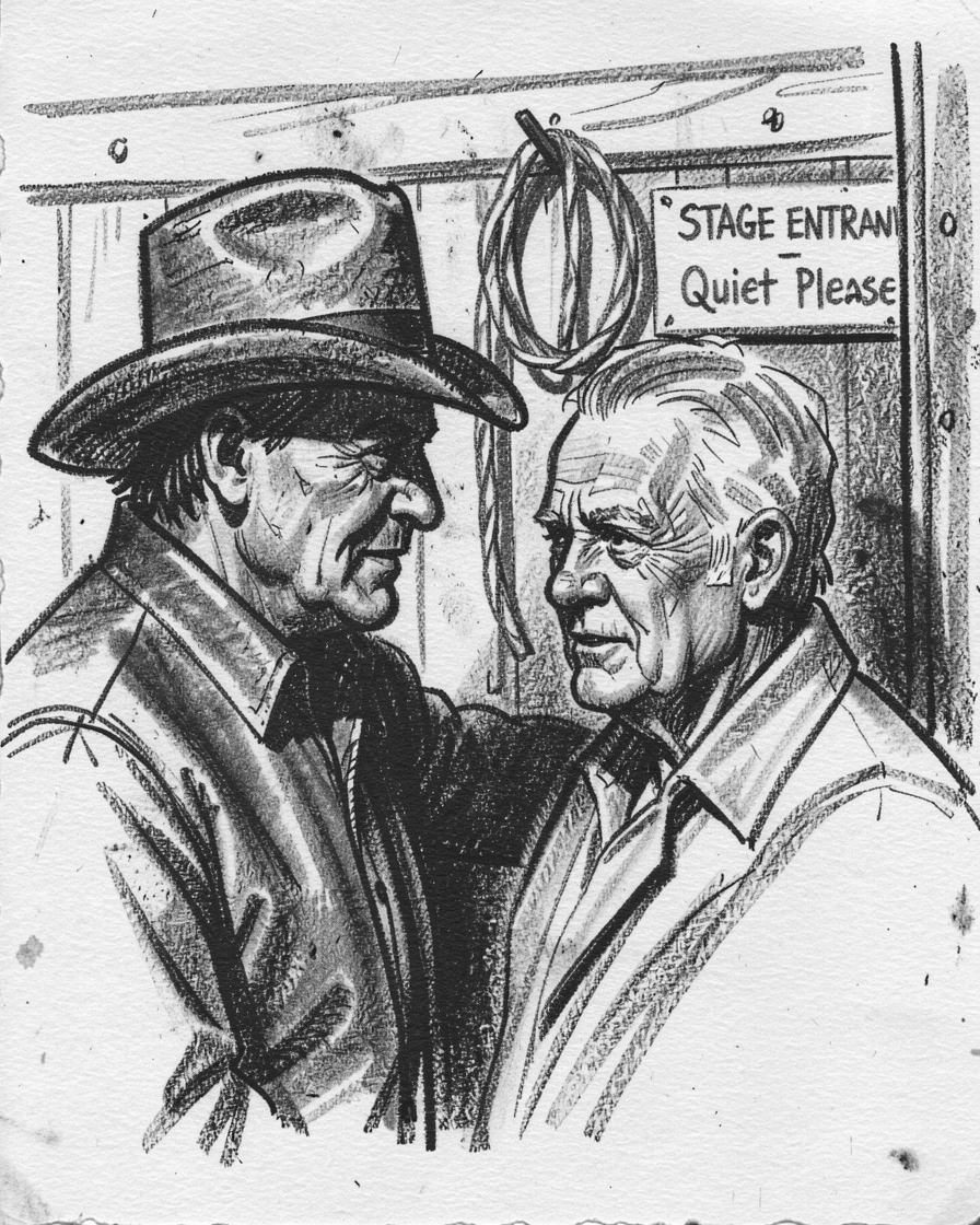 A cowboy sharing a quiet moment of connection with an old friend, backstage before a performance.