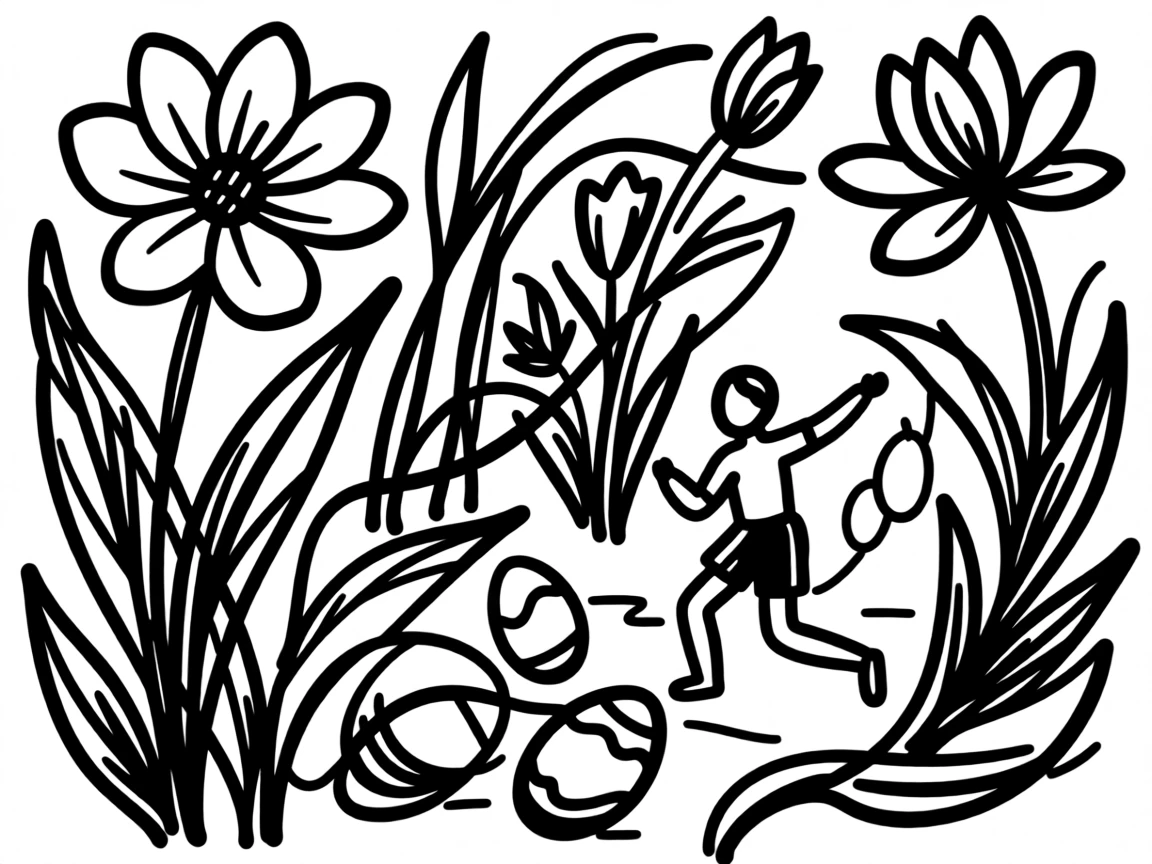 A spring Easter egg hunt in a blooming garden.
