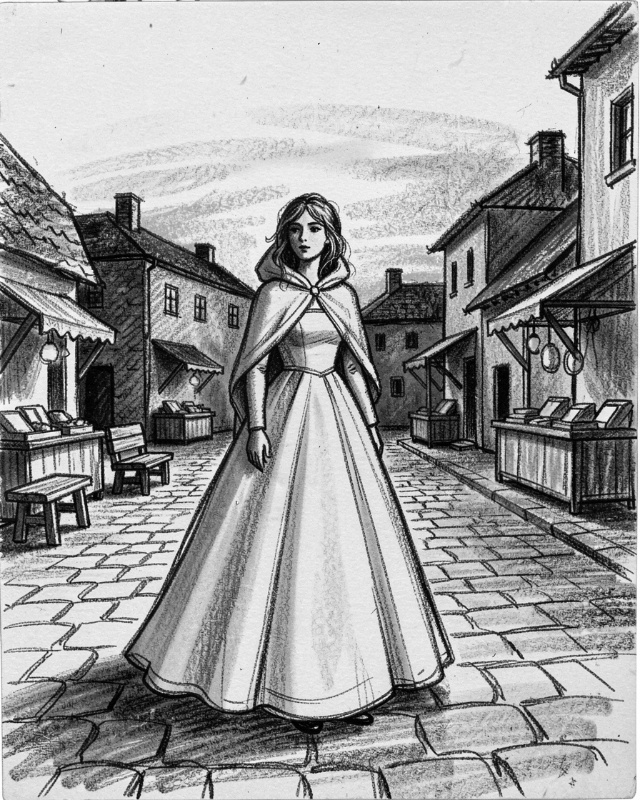 A bride gazing thoughtfully into the distance at sunset, in a small village square.
