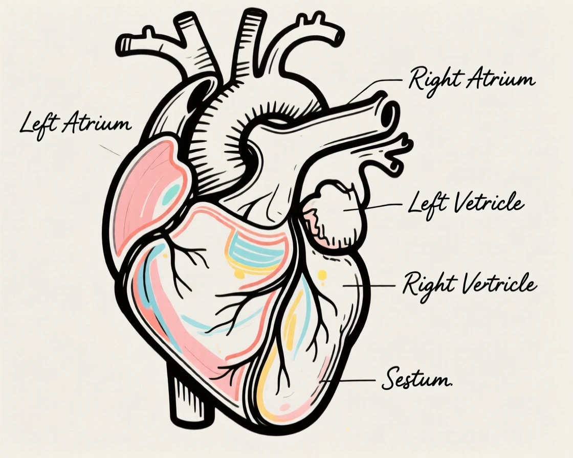 A detailed cross-section of the human heart with labeled chambers.