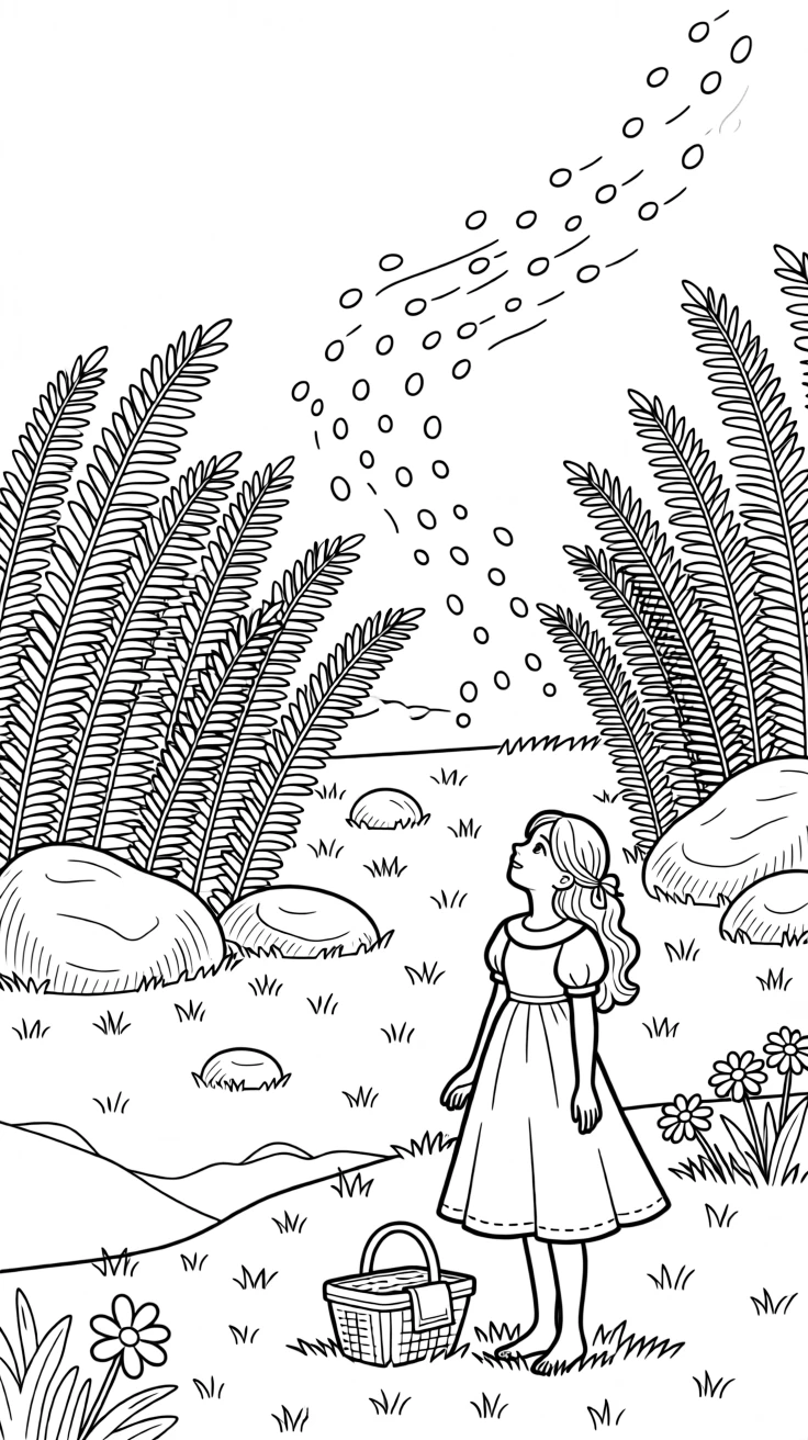 A firefly swarm glowing above a summer meadow at dusk, surrounded by tall ferns and moss-covered stones.