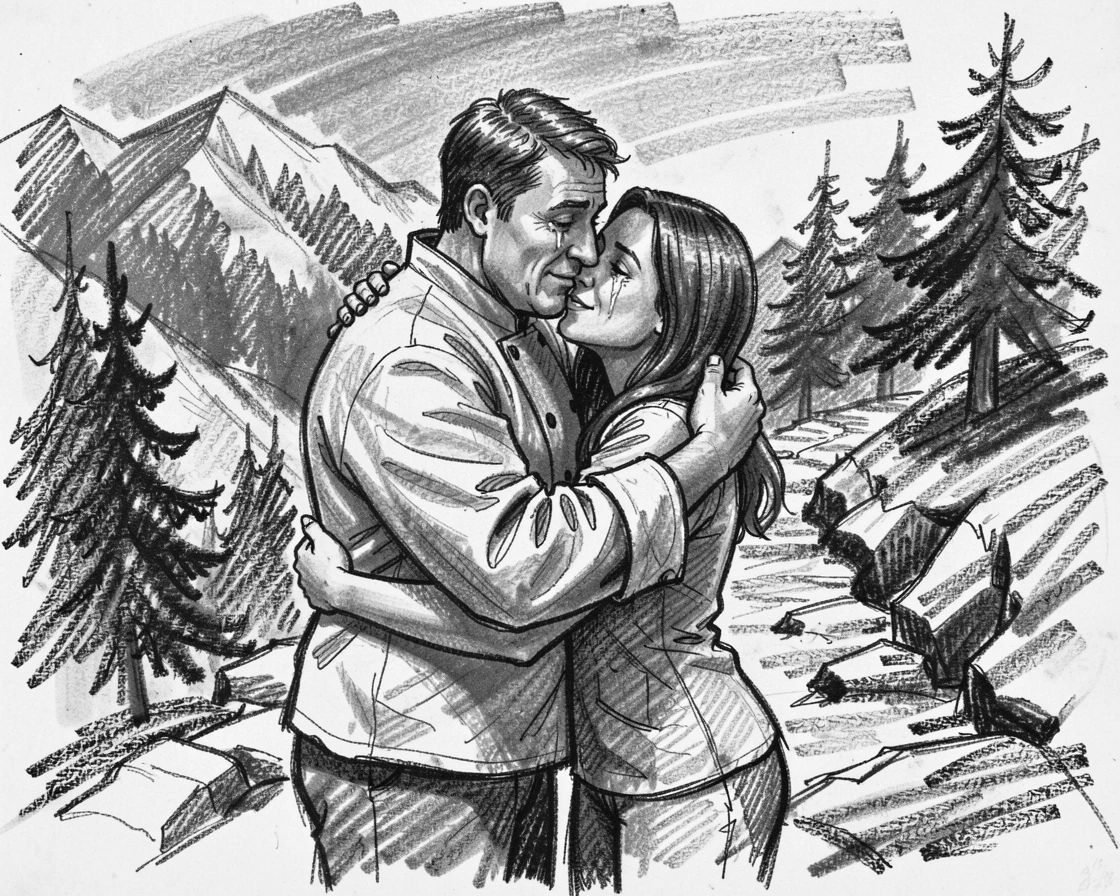 A chef embracing a loved one after a long separation, on a mountain trail.