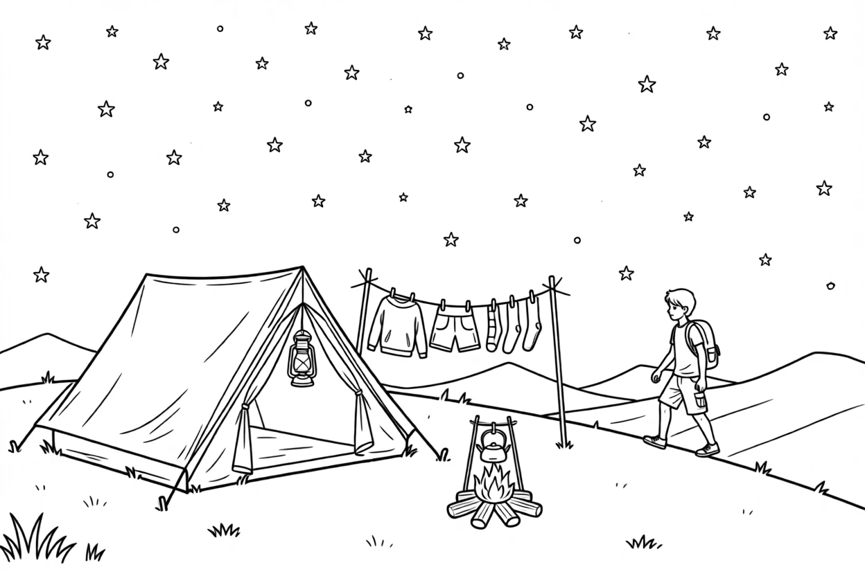 A tent glowing from lantern light beneath a starry sky, with a distant figure hiking along a ridge.
