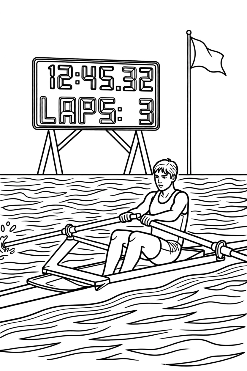 A rower pulling hard against choppy water, with a scoreboard glowing in the distance.