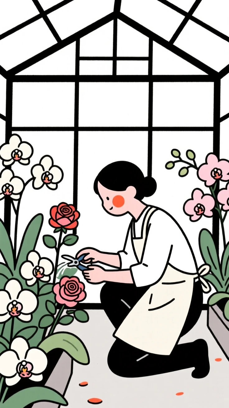 A gardener tending roses in a greenhouse full of orchids.
