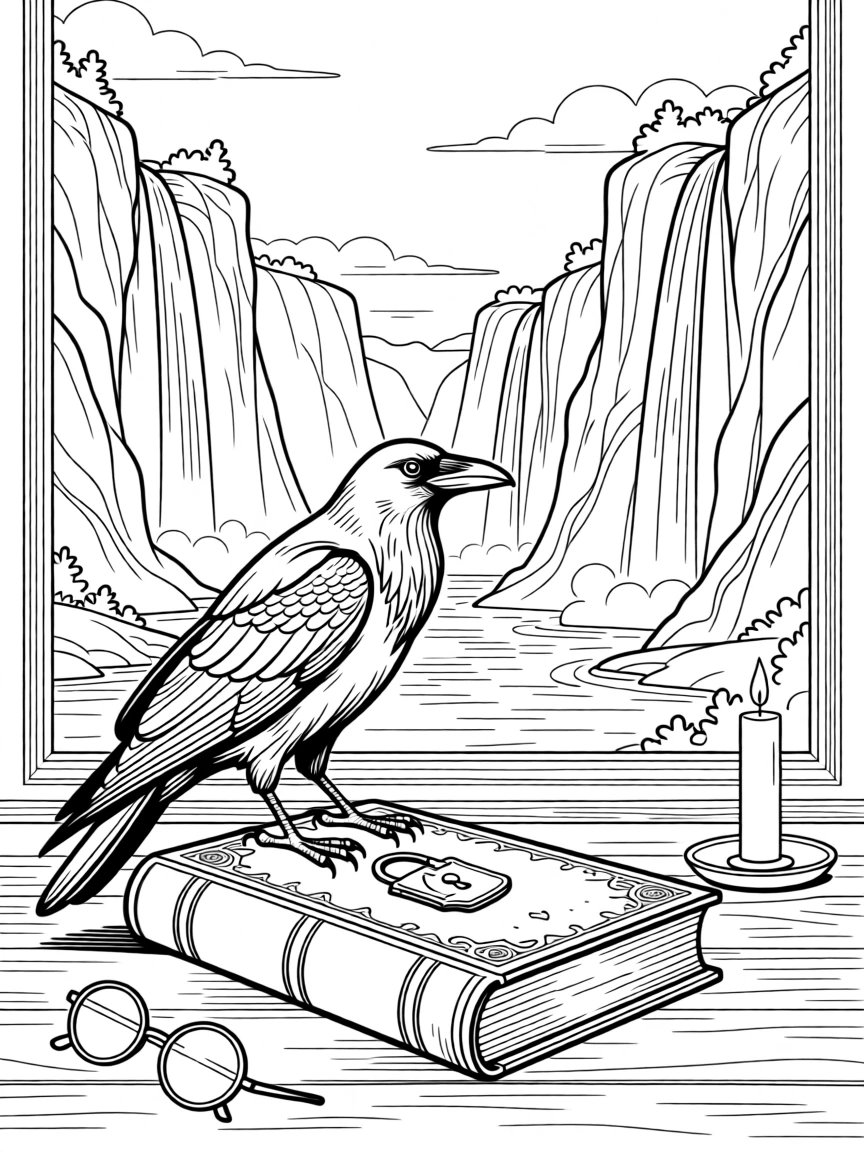 A raven perched on an old grimoire, with waterfalls cascading down distant cliffs.