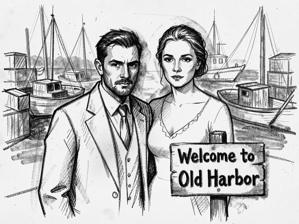 A newlywed couple looking directly at the viewer with quiet determination, at the edge of a bustling harbor.