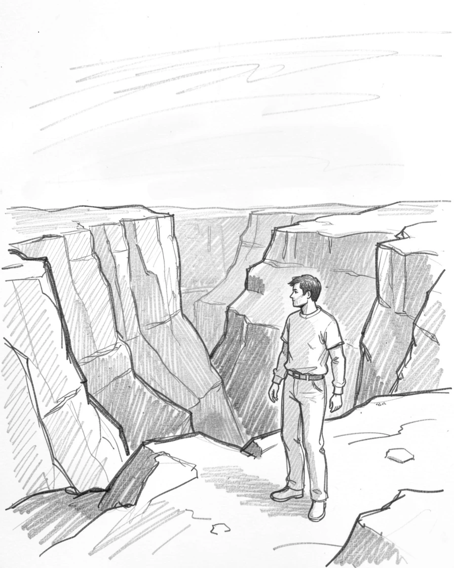 A peaceful moment of a person standing at the edge of a vast canyon at sunrise beneath a vast open sky, conveying gentle strength and resilience.